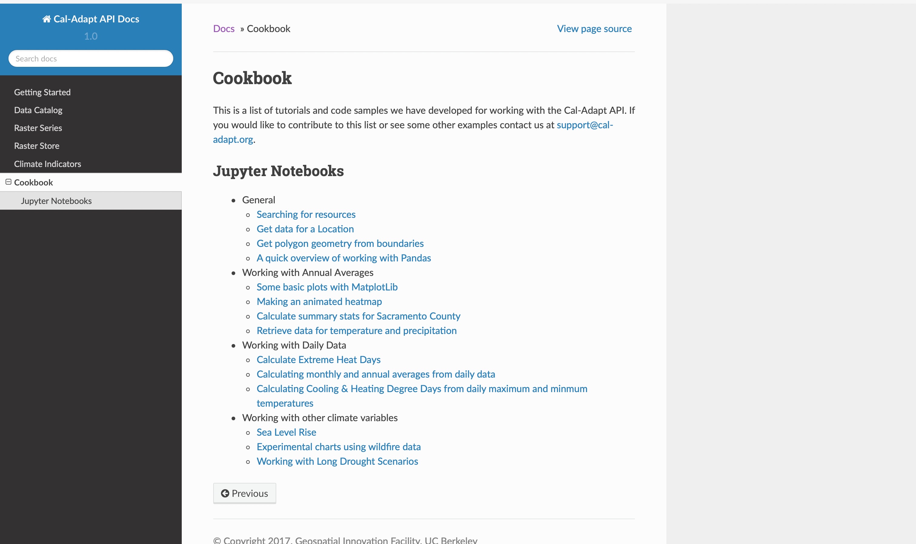 Screenshot of list of jupyter notebooks for using Caladapt API