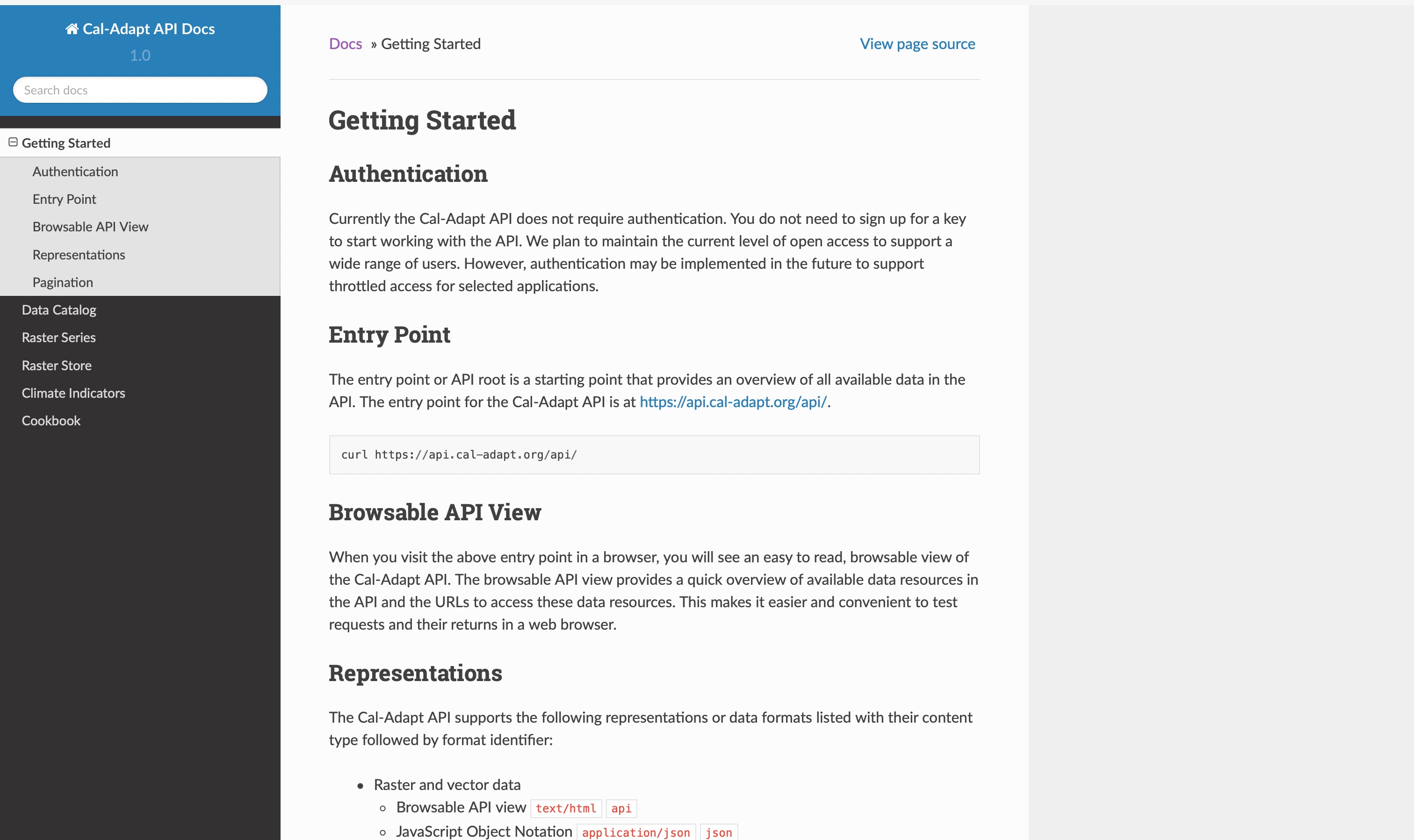 Screenshot of the Get Started section for Caladapt API documentation