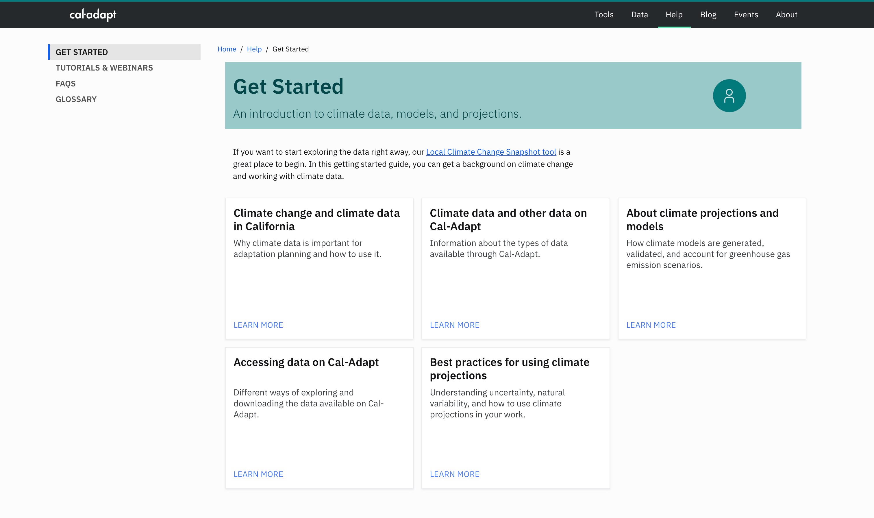 Screenshot of the Caladapt Get Started page