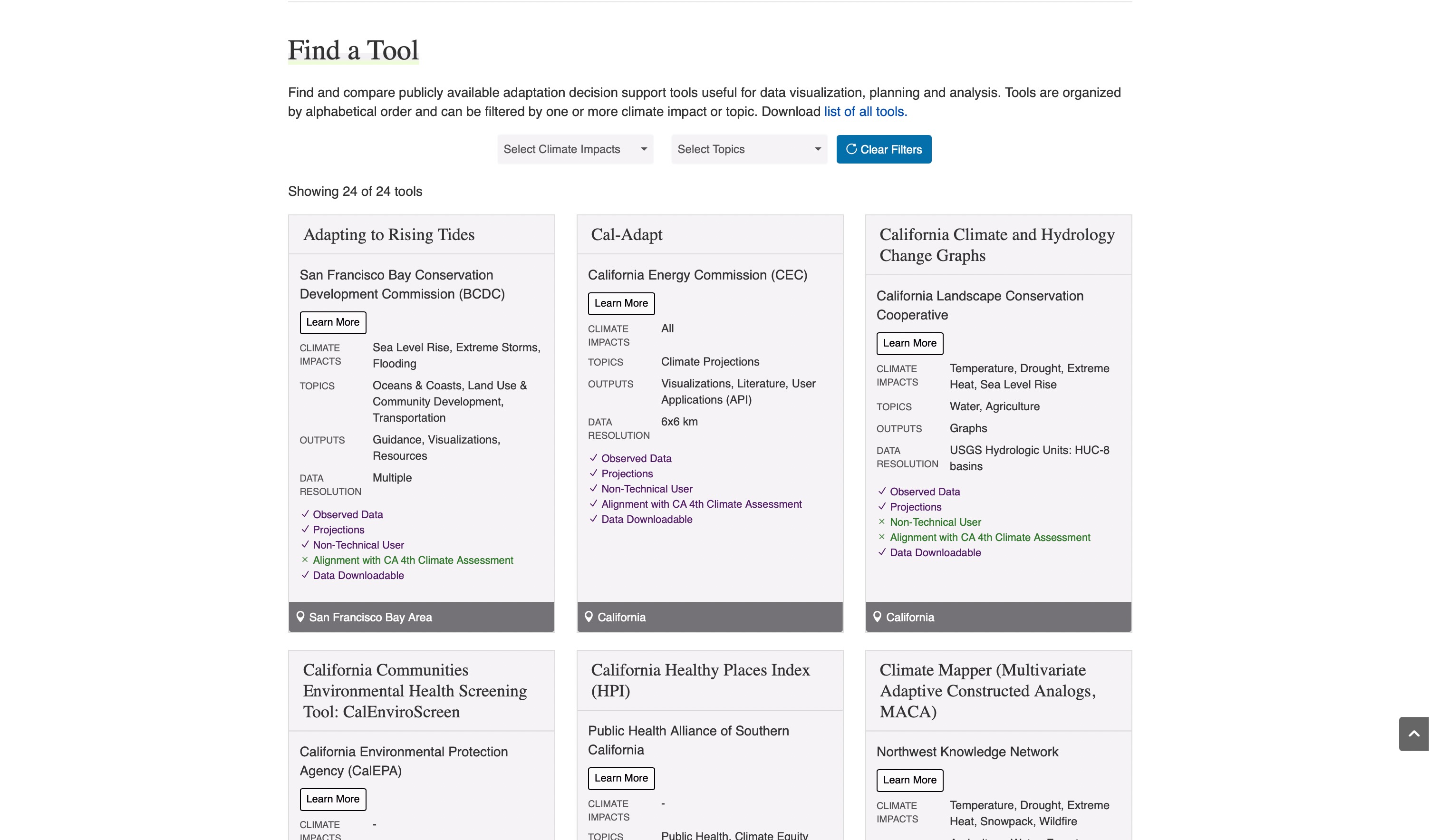 Screenshot of the Adaptation Clearinghouse Find a Tool page